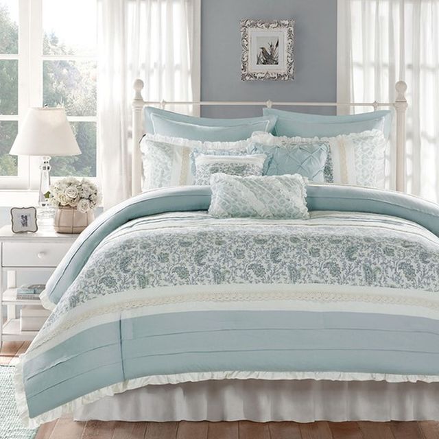 Olliix by Madison Park Blue Queen Dawn 9 Piece Cotton Percale Comforter Set-0