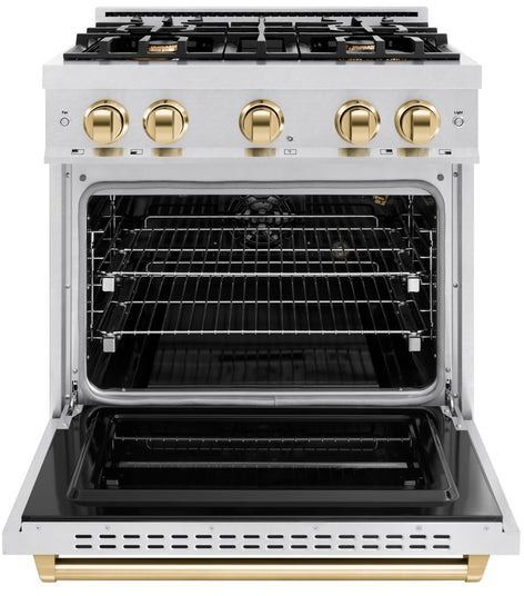 ZLINE Classic Autograph Edition 30" Satin Stainless Steel Pro Style Gas Range with Polished Gold Accents-1