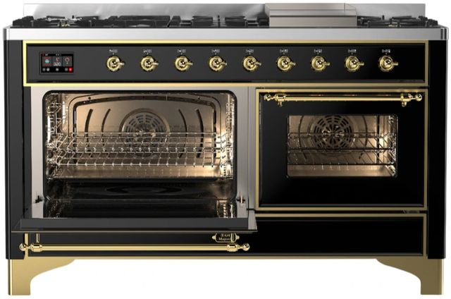 Ilve® Majestic III 60" Glossy Black Pro Style Dual Fuel Natural Gas Range with Triple Glass Door and Brass Trim-2