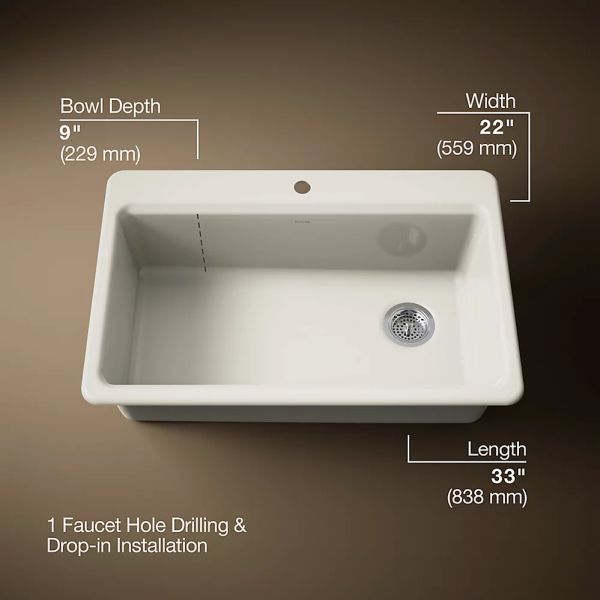 KOHLER® Riverby® Biscuit 33" 1-Faucet Hole Top-Mount Single-Bowl Kitchen Sink-3