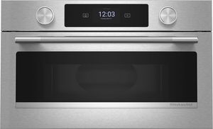 Credit: KitchenAid Front view of the KitchenAid® 1.4 Cu. Ft. PrintShield Stainless Steel Built-In Microwave with Air Fryer