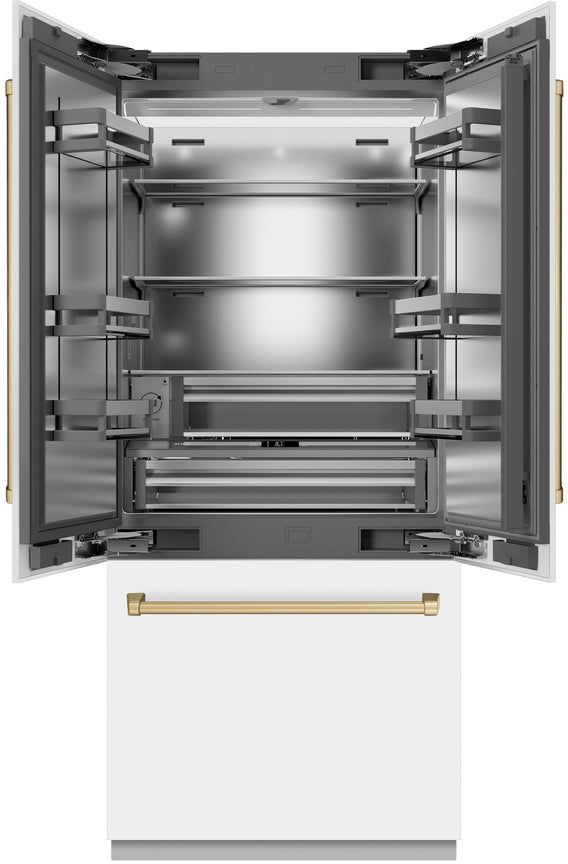 ZLINE Autograph Edition 36" 19.6 Cu. Ft. White Matte Built-In French Door Refrigerator with Champagne Bronze Accents-2