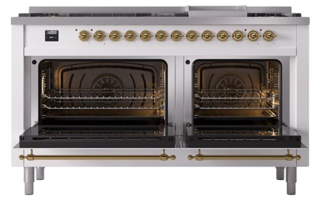 Ilve® Nostalgie II Noblesse 60'' White Pro Style Dual Fuel Range with Brass Trim-1