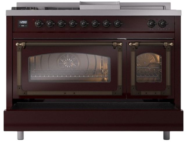 Ilve® Nostalgie II Noblesse 48'' Burgundy Pro Style Dual Fuel Range with Burnished Trim-3