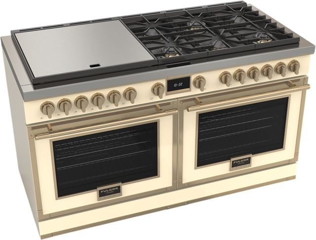 Fulgor Milano® Evoque 400 Series 60" Glossy Ivory Pro Style Dual Fuel Hybrid Range with Brushed Brass Trim -1