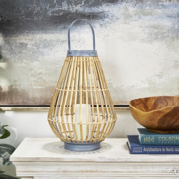 Deco Marche Brown Bamboo Handmade Open Framed Candle Lantern with Blue Metal Accents and Handle-3
