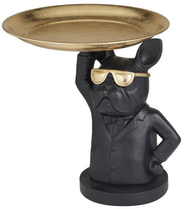 Deco Marche Black Bulldog Decorative Sculpture with Gold Tray Top-0