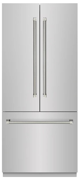 ZLINE Autograph Edition 36 in. 19.6 cu. ft. French Door Built-In Bottom Freezer Refrigerator with Water Dispenser and Ice Maker in Stainless Steel with Stainless Steel Interior and Polished Nickel Helix Handles (SRBIVZ-30436KPN)
