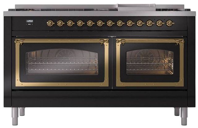 Ilve® Nostalgie II Noblesse 60'' Glossy Black Pro Style Dual Fuel Range with Brass Trim-1