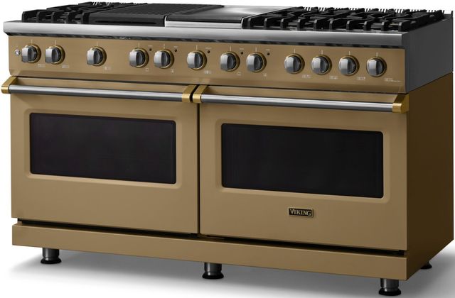 Viking® 5 Series 60" Golden Hour Pro Style Dual Fuel (NG) Range with Brushed Brass Trim-2