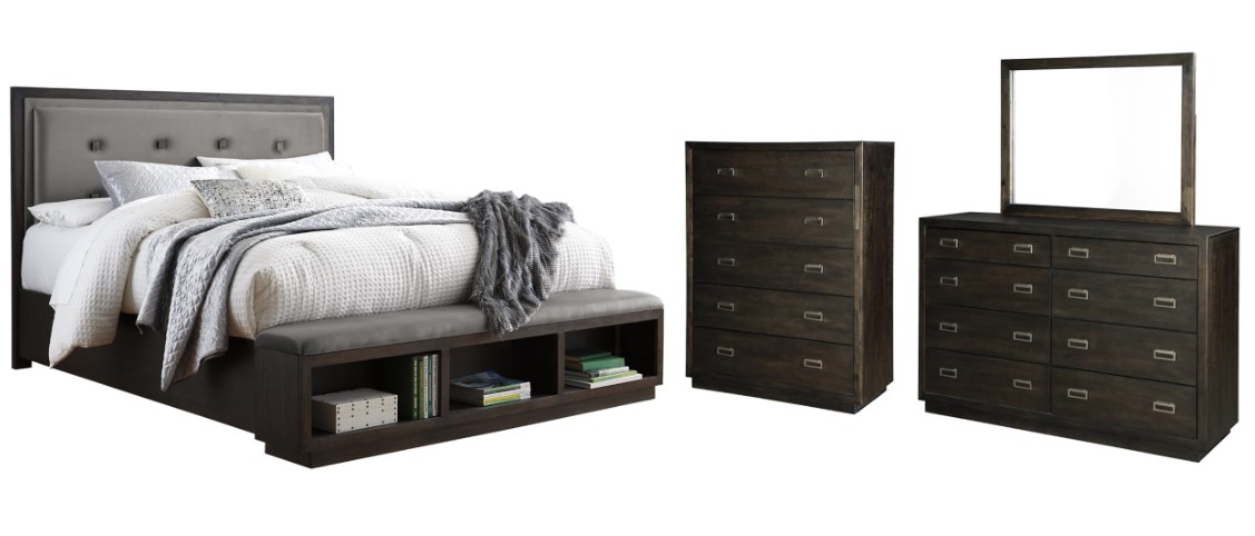 Signature Design by Ashley® Hyndell 4-Piece Dark Brown California King Upholstered Panel Storage Bed Set