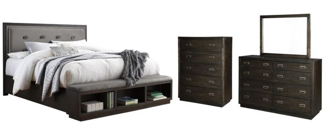 Signature Design by Ashley® Hyndell 4-Piece Dark Brown California King Upholstered Panel Storage Bed Set-0