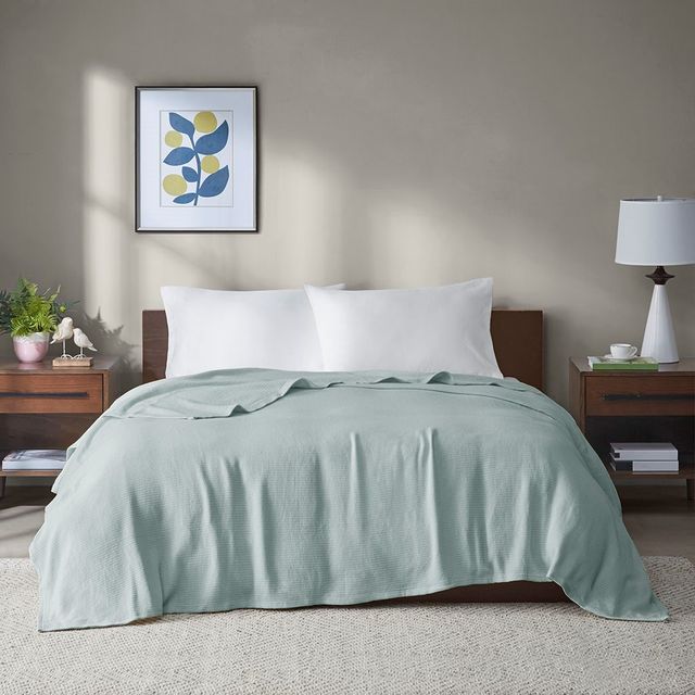 Olliix by Madison Park Freshspun Basketweave Blue Full/Queen Cotton Blanket-4