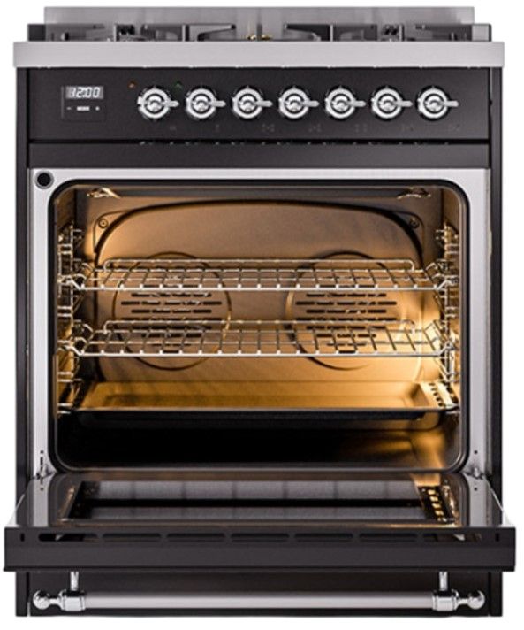 Ilve® Nostalgie II Noblesse 30'' Glossy Black Pro Style Dual Fuel Range with Chrome Trim-1