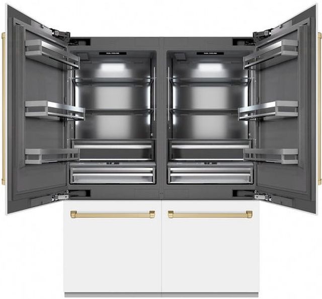 ZLINE Autograph Edition 60" 32.2 Cu. Ft. White Matte Built-In French Door Refrigerator with Water Dispensers, Ice Makers, and Champagne Bronze Accents-2