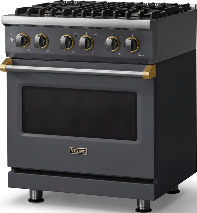 Viking® 5 Series 30" Cast Black Pro Style Dual Fuel (LP) Range with Brushed Brass Trim-3