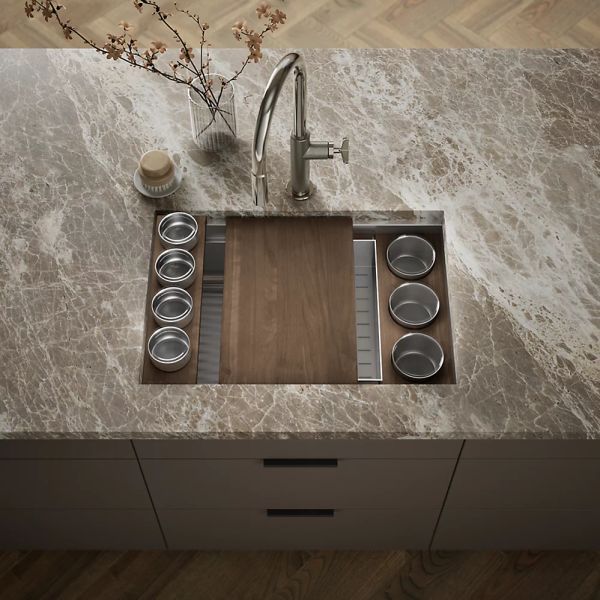 KOHLER® Synthos™ Dark Walnut/Stainless Steel 28" Undermount Single-Bowl Workstation Kitchen Sink-1