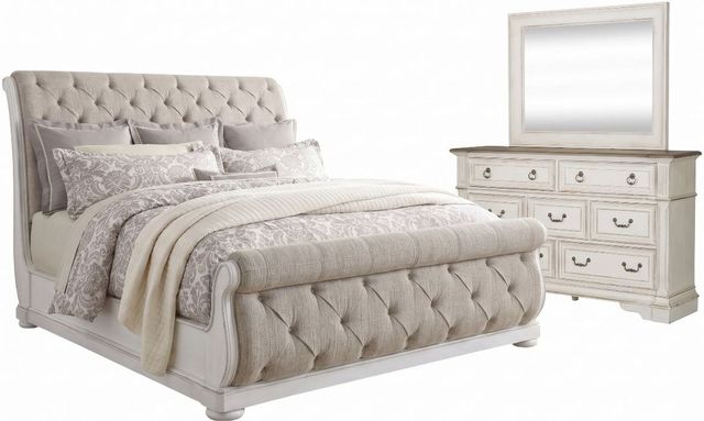 Liberty Furniture Abbey Park 3-Piece Antique White/Weathered Brown California King Upholstered Sleigh Bed Set-0