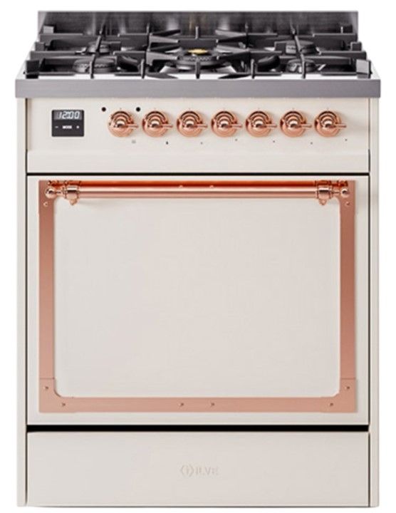 Ilve® Nostalgie II Noblesse 30'' Antique White Pro Style Dual Fuel Range with Copper Trim-0