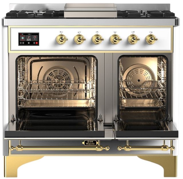 Ilve® Majestic III 40" White Pro Style Dual Fuel Natural Gas Range with Solid Door and Brass Trim-1