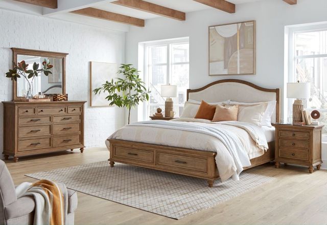 aspenhome® Hensley Beige/Honey King Upholstered Panel Storage Bed-1
