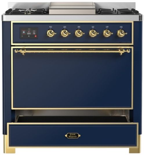 Ilve® Majestic III 36" Midnight Blue Pro Style Dual Fuel Natural Gas Range with Solid Door and Brass Trim-2
