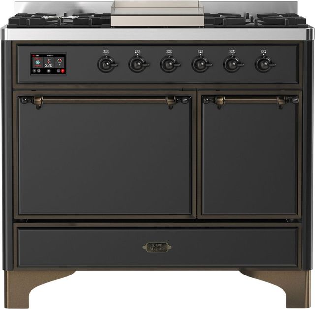 Ilve® Majestic III 40" Graphite Matte Pro Style Dual Fuel Natural Gas Range with Solid Door and Burnished Trim-0