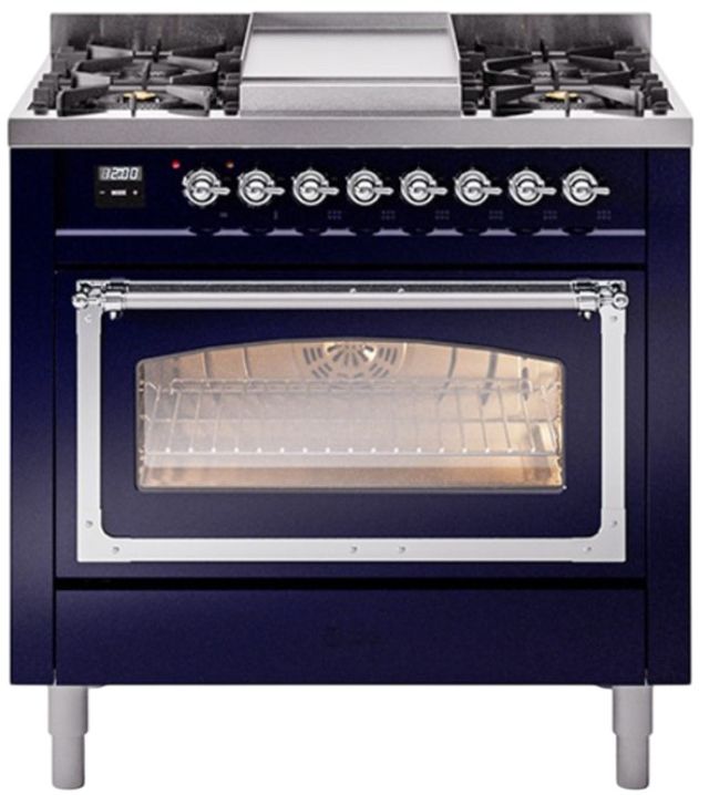 Ilve® Nostalgie II Noblesse 36'' Midnight Blue Pro Style Dual Fuel Range with Chrome Trim-0