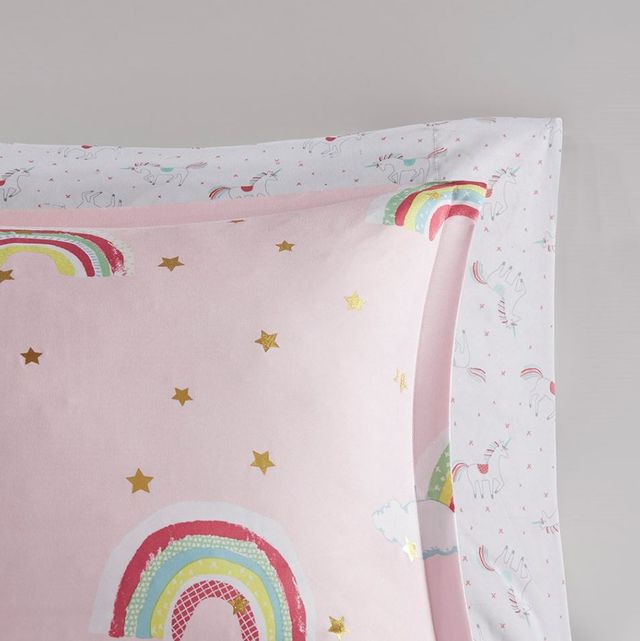 Olliix by Mi Zone Kids Alicia Pink Full Rainbow Metallic Printed Stars Complete Bed and Sheet Set-3