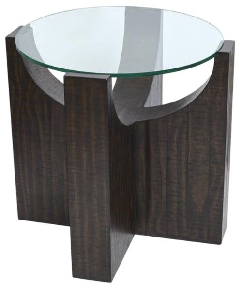 Magnussen Home® Beckham Glass Top Round Accent Table with Rustic Tavern Base-3