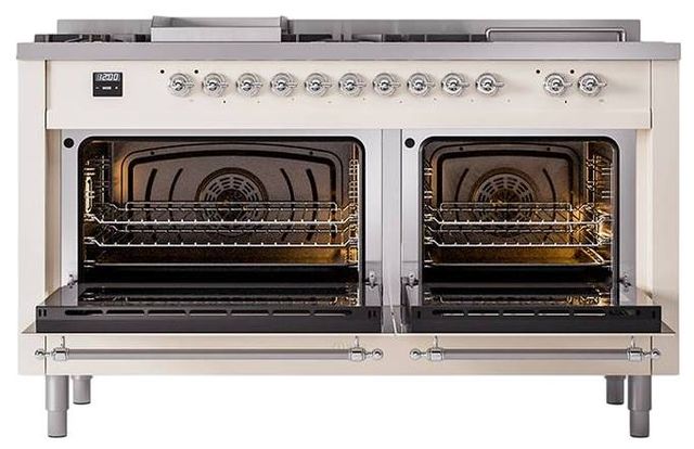 Ilve® Nostalgie II Noblesse 60'' Antique White Pro Style Dual Fuel Range with Chrome Trim-1