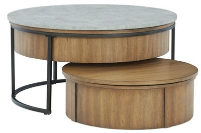 front view of the Signature Design by Ashley® Fridley 2-Piece Gray Nesting Coffee Table Set with Natural Drum Base