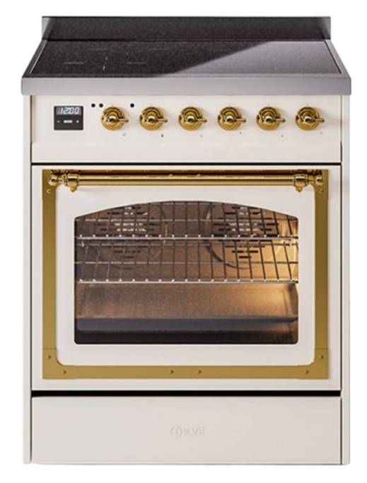 Ilve® Nostalgie II Noblesse 30'' Antique White Pro Style Induction Range with Brass Trim-0