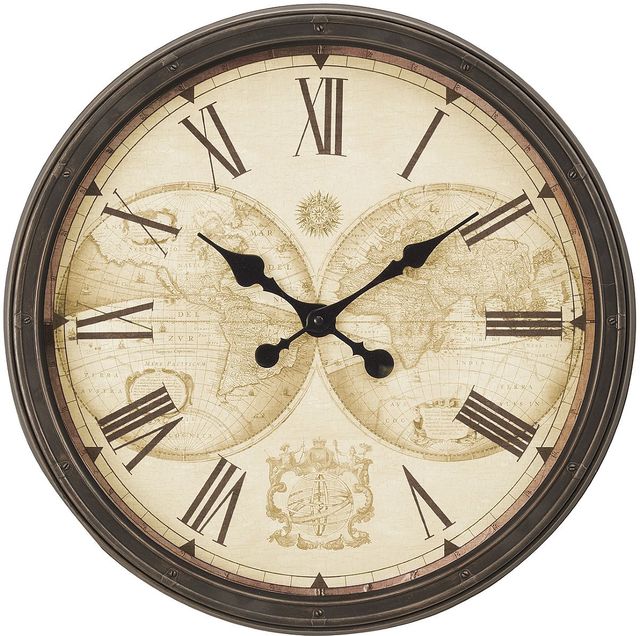 Monarch Specialties Inc. Antique Brown 20" Round Wall Clock with Roman Numerals on Map Background-0