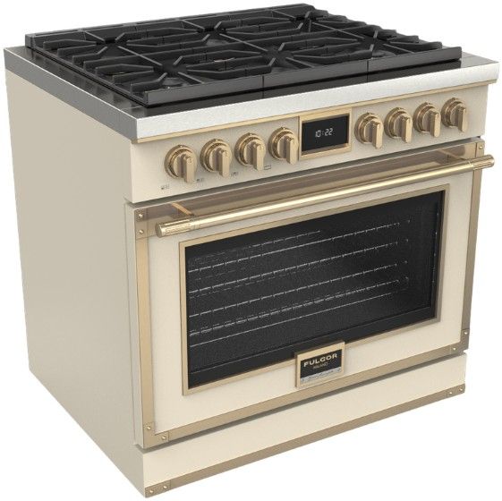 Fulgor Milano® Evoque 400 Series 36” Matte Ivory Pro Style Dual Fuel Range with Brushed Brass Trim-0