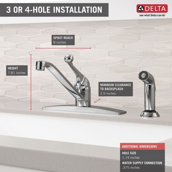 Delta 134 / 100 / 300 / 400 Chrome 8" Single Handle Kitchen Faucet with Spray-2