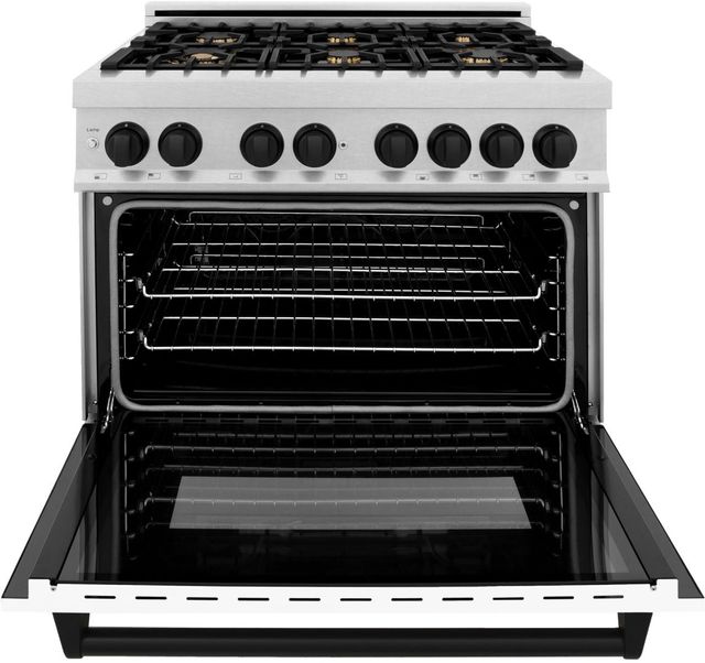 ZLINE Autograph Edition Legacy 36" Satin Stainless Steel Pro Style Dual Fuel Range with White Matte Door and Matte Black Accents-1