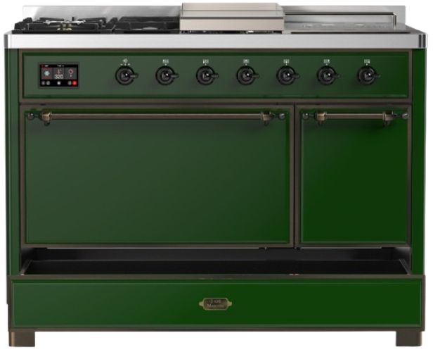 Ilve® Majestic III 48" Emerald Green Pro Style Dual Fuel Natural Gas Range with French Top and Burnished Trim-2