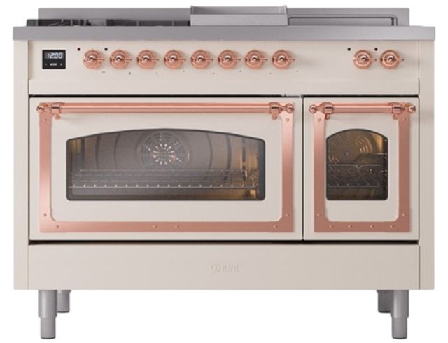 Ilve® Nostalgie II Noblesse 48'' Antique White Pro Style Dual Fuel Range with Copper Trim-1