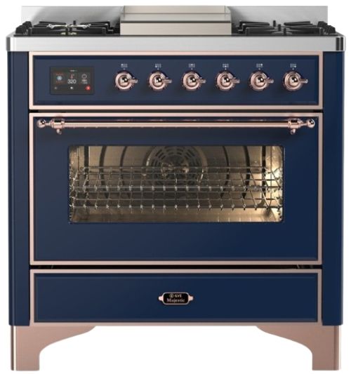 Ilve® Majestic III 36" Midnight Blue Pro Style Dual Fuel Liquid Propane Range with 6 Black Brass Burners and Copper Trim-0