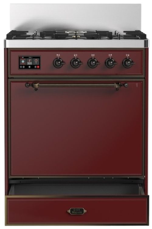 Ilve® Majestic III 30" Burgundy Pro Style Dual Fuel Natural Gas Range with 5 Black Brass Burners and Burnished Trim-2