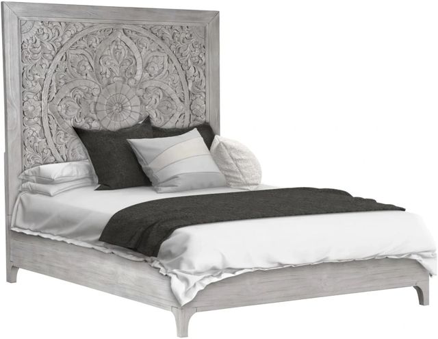 Modus Furniture Boho Chic Washed White Queen Carved Platform Bed-0