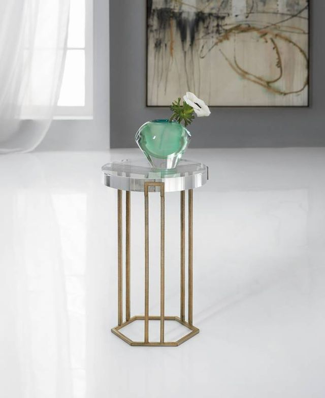Hooker® Furniture Melange Grove Clear Acrylic Top Round End Table with Antique Brass Base-1