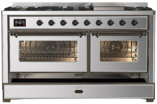 Ilve® Majestic III 60" Stainless Steel Pro Style Dual Fuel Natural Gas Range with Triple Glass Door and Burnished Trim-2