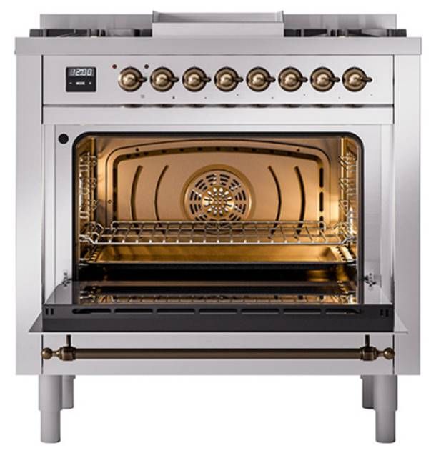 Ilve® Nostalgie II Noblesse 36'' Stainless Steel Pro Style Dual Fuel Range with Burnished Trim-1