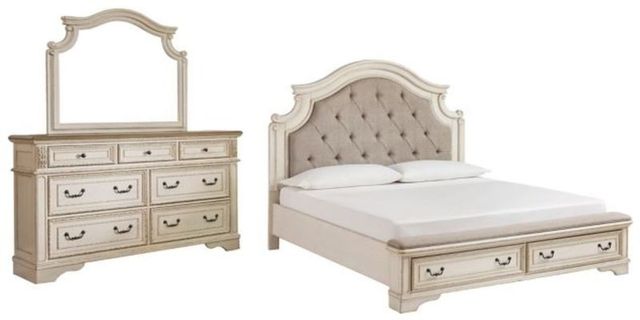 Signature Design by Ashley® Realyn 3-Piece Chipped White Queen Upholstered Bed Set-0