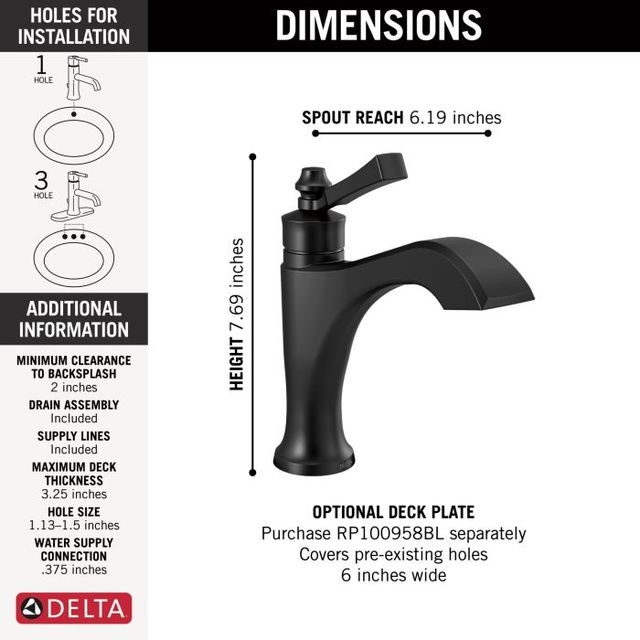 Delta Dorval® Matte Black Single Handle Bathroom Faucet with Drain-4