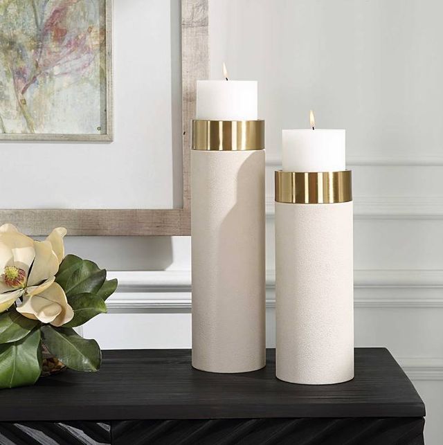 Uttermost® Wessex 2-Piece Antique Brushed Brass/White Pillar Candleholders Set-2