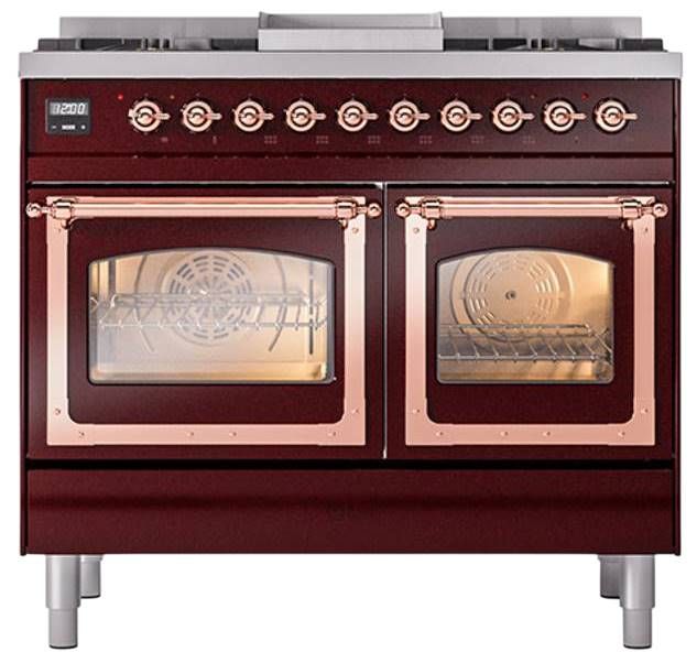 Ilve® Nostalgie II Noblesse 40'' Burgundy Pro Style Dual Fuel Range with Copper Trim-1