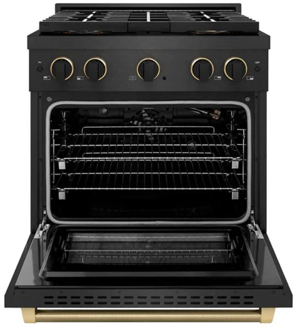 ZLINE Designer Collection Paramount 30" 4.2 Cu. Ft. Black Satin Stainless Steel Gas Range with 4 Burner DuoPro™ Cooktop and Convection Gas Oven with Black Matte and Champagne Bronze Accents-1
